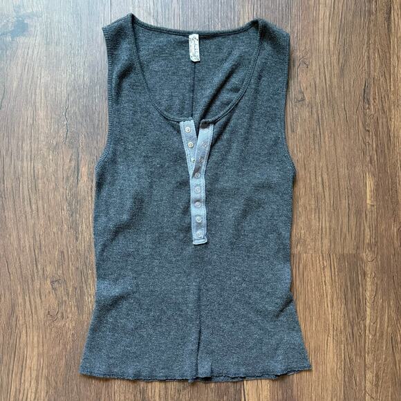 Intimately Free People Ribbed Henley Tank Top Charcoal Gray Sleeveless XS Y2K - Picture 3 of 7